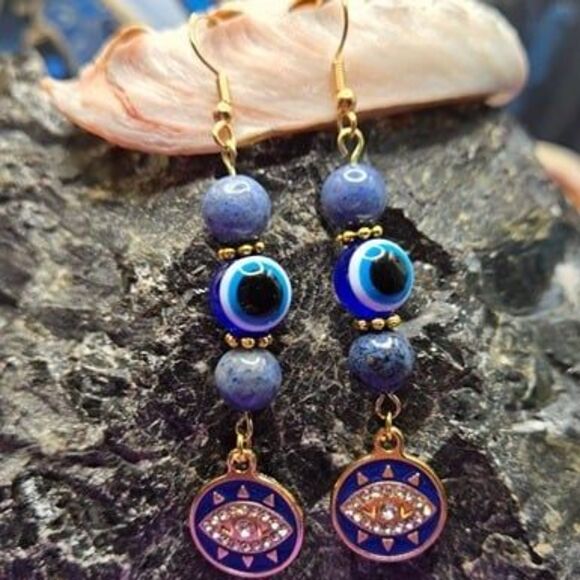 Dumortierite Gemstone Evil Eye Protection Earrings - Picture 2 of 2